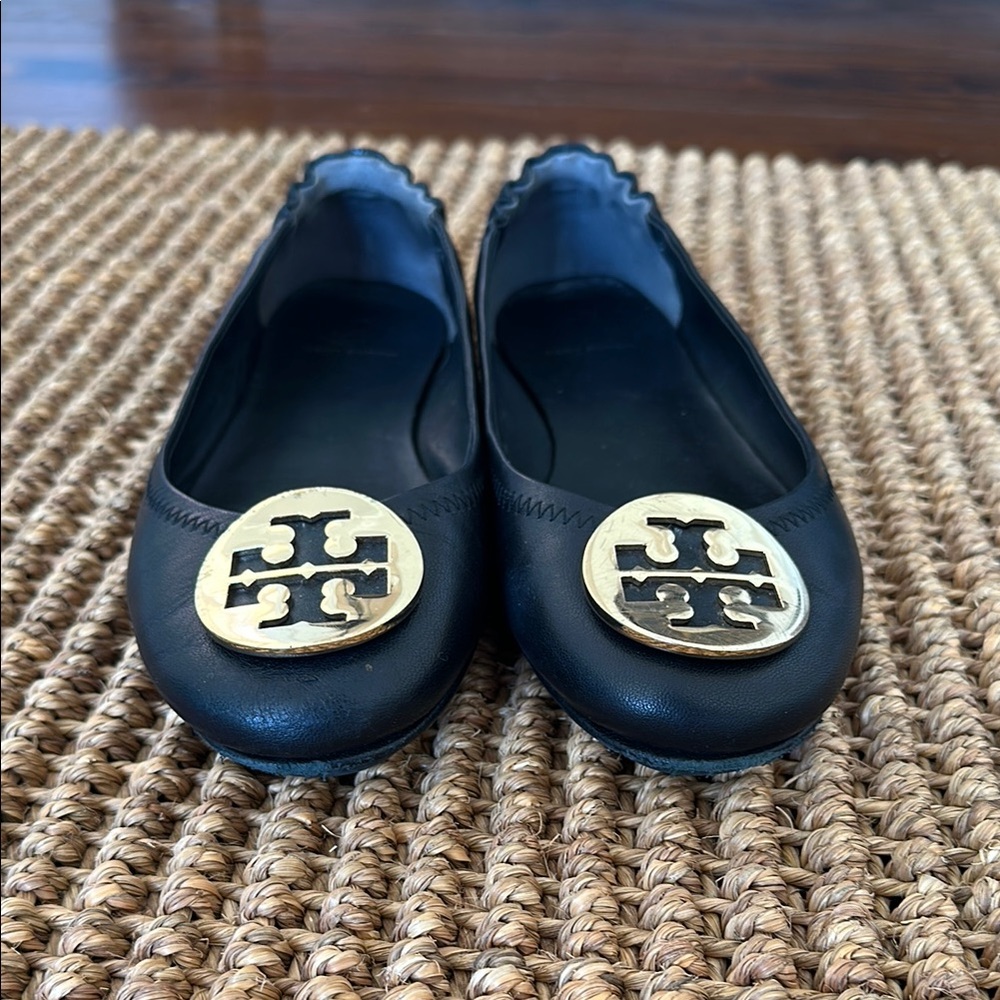 Tory Burch Reva Black Flats with Gold Logo